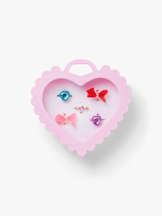 Stych Girls Heart-shaped pink jewellery box with a 5 colourful and decorative adjustable rings 