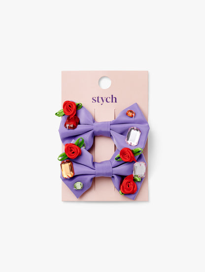 Taffeta Bow Rose Gem Hair Clips