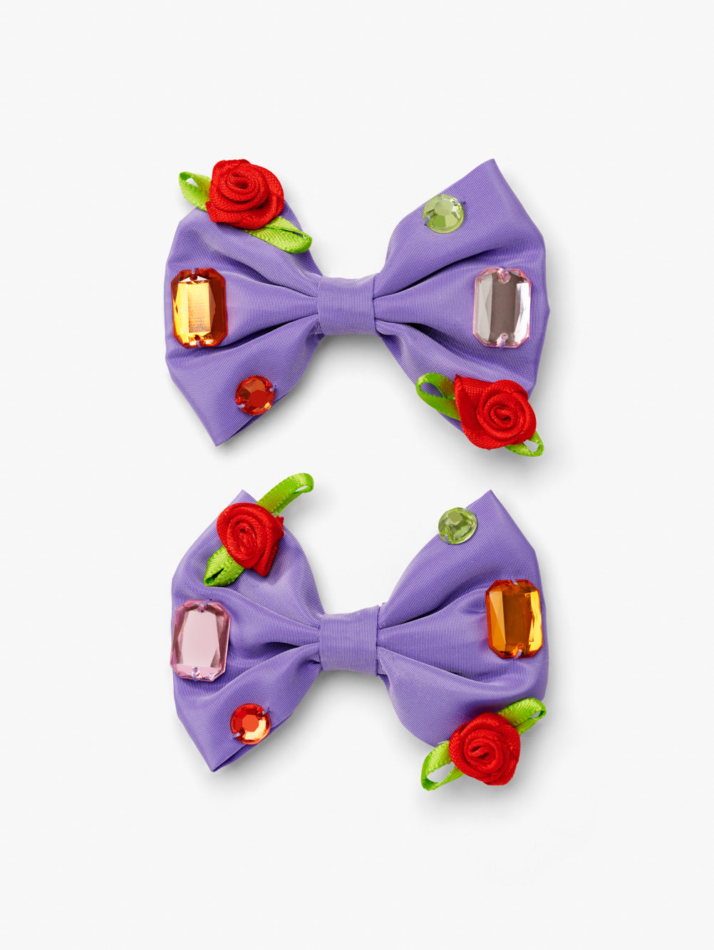 Stych Girls Pack of 2 purple taffeta hair bows clips with red roses and gemstones detail 