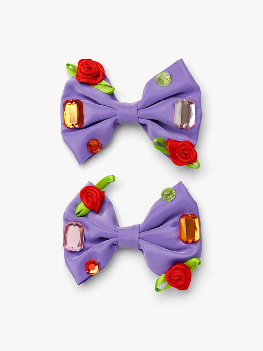 Stych Girls Pack of 2 purple taffeta hair bows clips with red roses and gemstones detail 