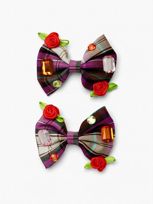 Stych Girls Pack of 2 decorative tartan bow hair clips with red rose and gemstone detail 