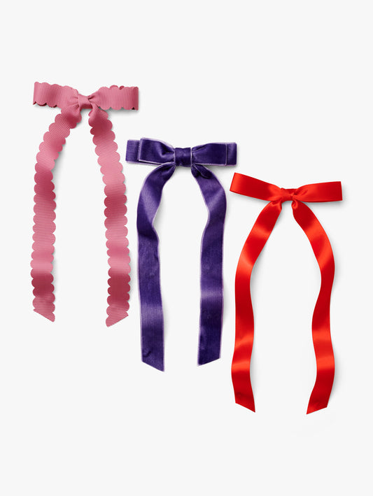 Stych Girls Pack of 3 ribbon long bow hair clips in pink, purple, and red 