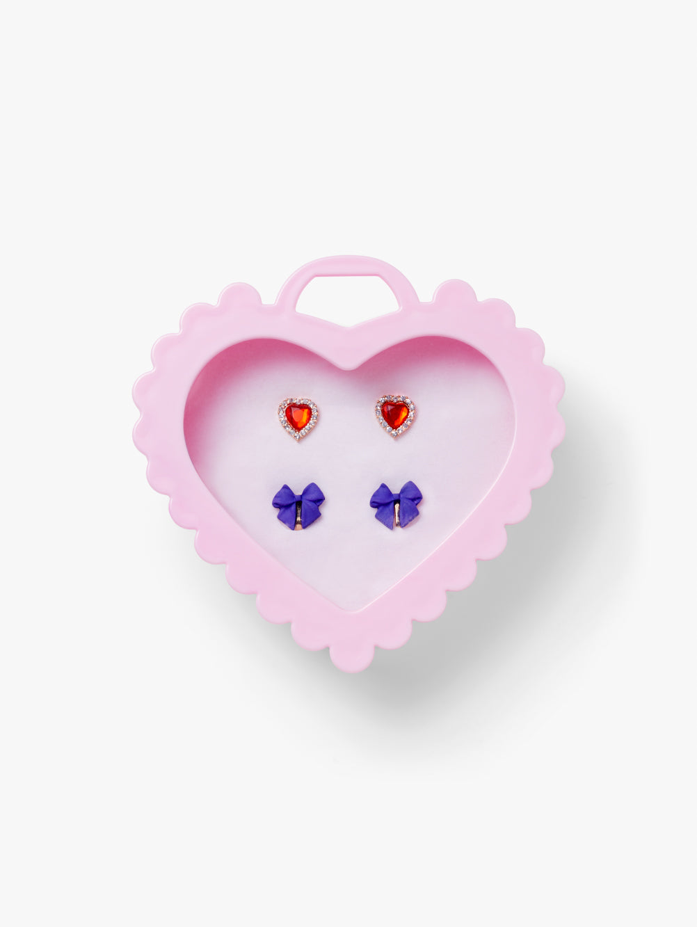 Stych Girls Heart-shaped pink jewellrey box with 2 Pairs of clip-on earrings in red heart and purple bow-shaped  
