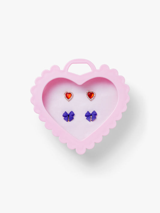 Stych Girls Heart-shaped pink jewellrey box with 2 Pairs of clip-on earrings in red heart and purple bow-shaped  