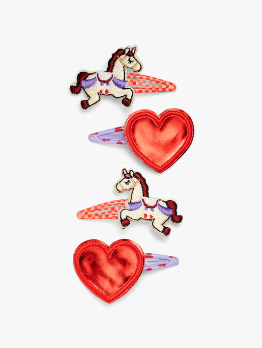 Stych Girls Set of  4 hair clips with embroidered unicorn & heart shape patches