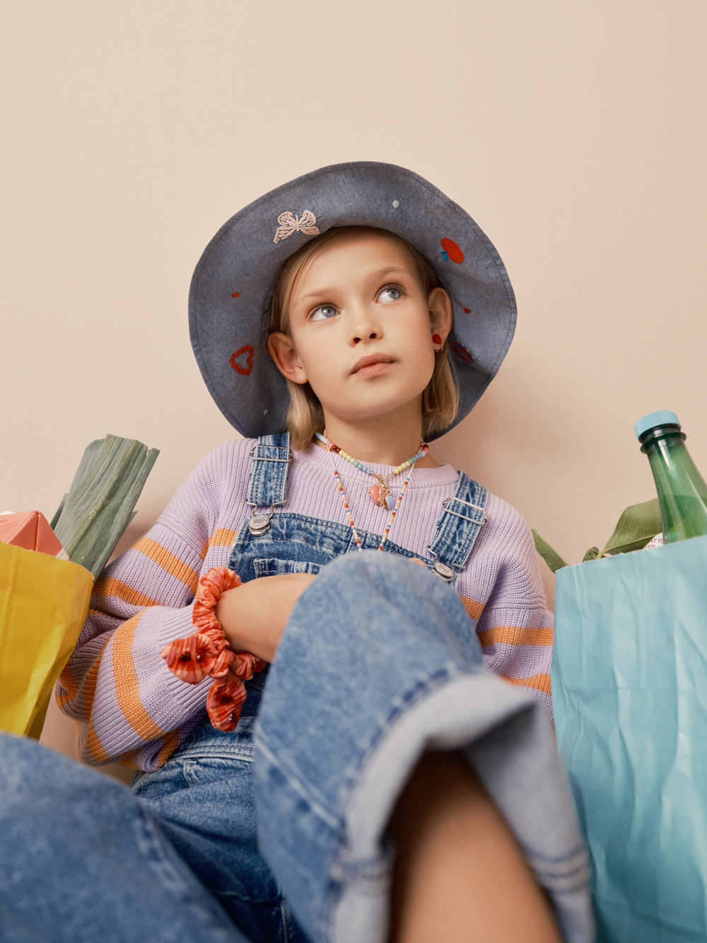 Girls Cotton Reversible Sun Bucket Hat With Wide Rim, Chambray & Lilac With Embroidery Detail, Sizes 3-5y and 6-8y