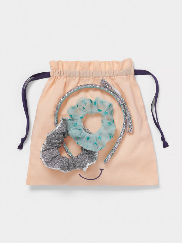 Stych Girl's Silver Glitter Headband and 2 pack scrunchie Set Hair Gift Bag 