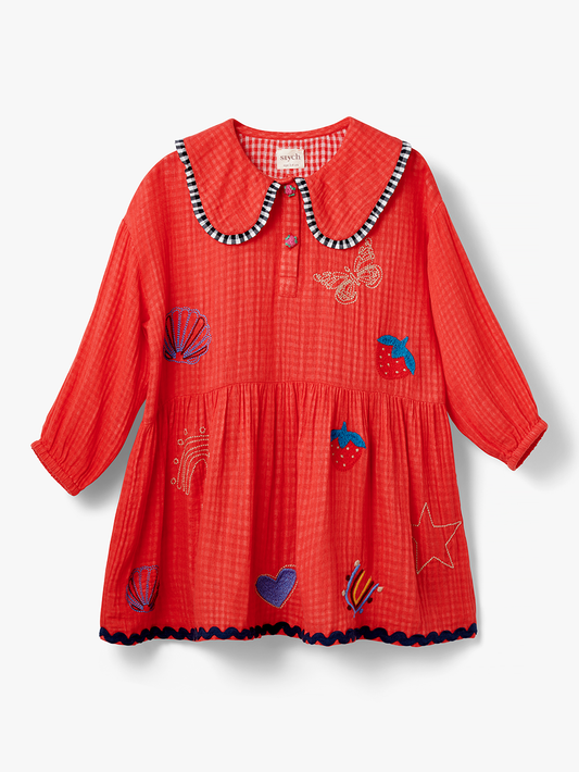 Stych Kids Smock Ric Rack Trim Embroidered Cotton Dress Gingham Red 3 sizes 3-4yr, 5-6yr, 7-8yr