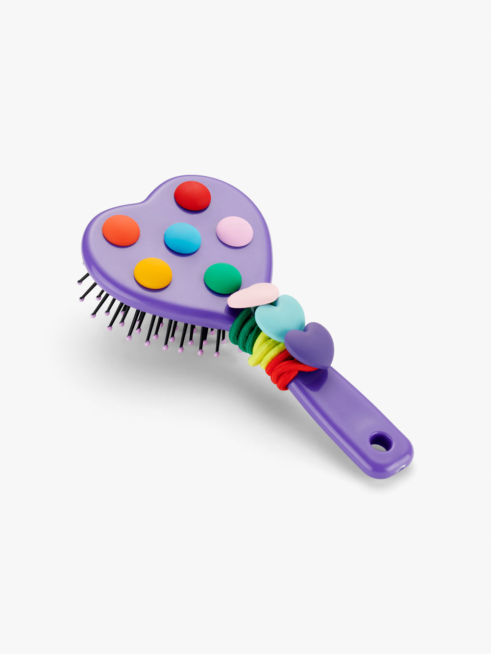 Stych Girls purple hairbrush in a heart shape and multicoloured spots decoration, comes with 3 pack multicolour heart hairbands 
