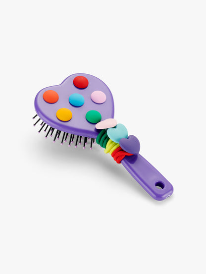 Stych Girls purple hairbrush in a heart shape and multicoloured spots decoration, comes with 3 pack multicolour heart hairbands 