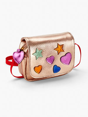 Stych Girls' Faux Leather  Heart & Star Patch Rose Gold Crossbody Bag; With Heart Charm one size