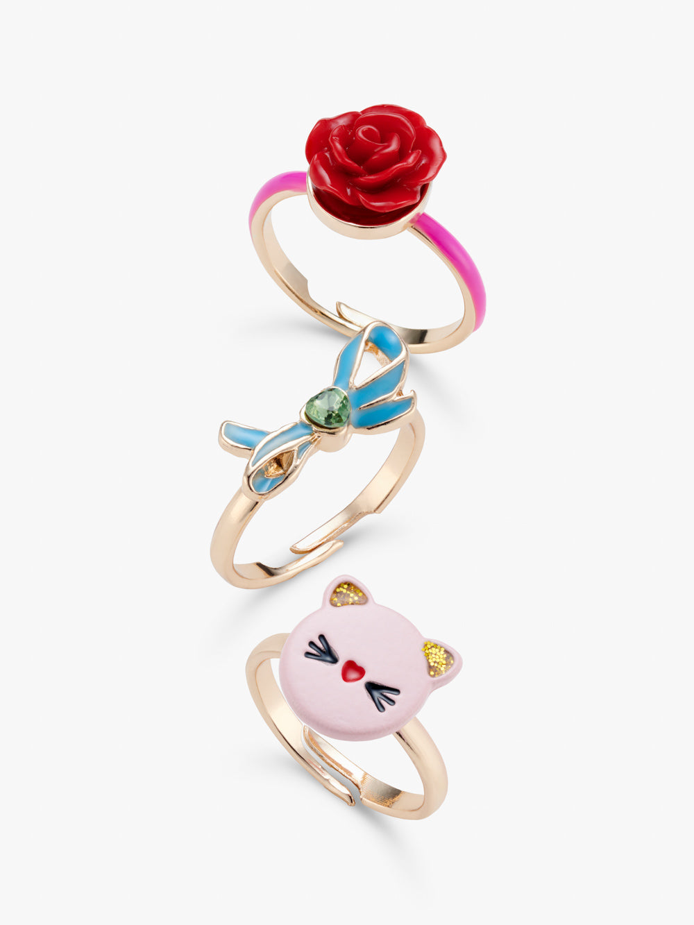 Stych Kids Cat, Bow Rose Enamel Adjustable Rings, Set of 3