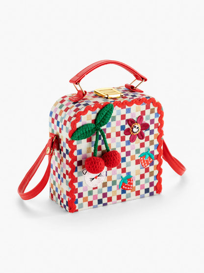 Stych Kids Cherry Pom Pom Embroidered Patch Box Crossbody Bag Rainbow Check Colour