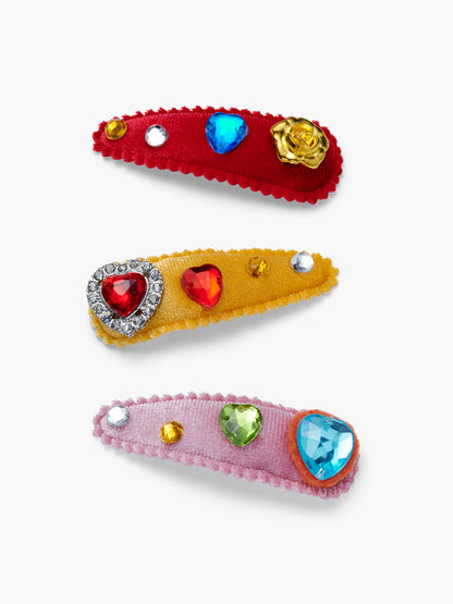 Stych Kids Heart Jewelled Velor Hair Clips 3 pk Multi Colour