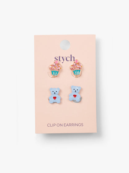 Clip-on Earrings 2 Pairs Teddy and Cupcake