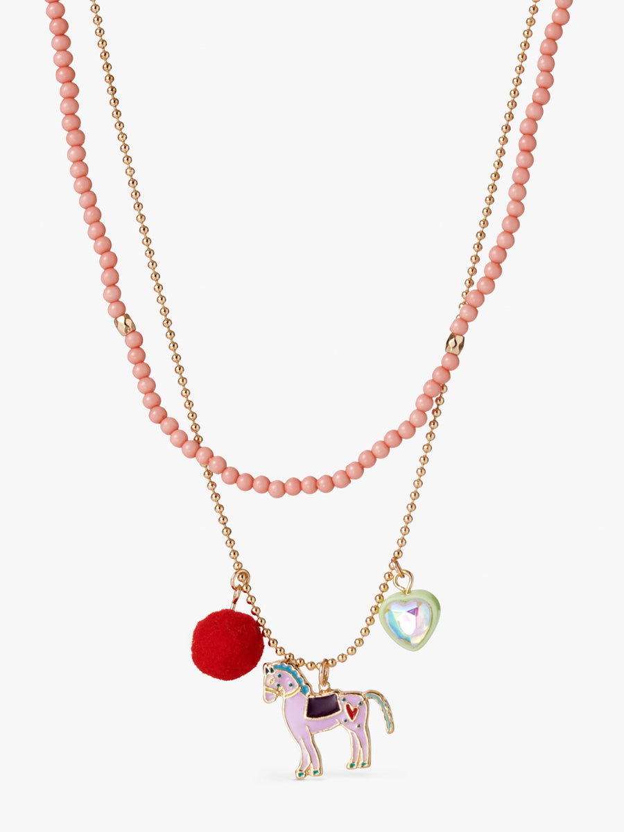Stych Girl's Pink Unicorn Charm Layered Necklace With Red Pompom, Gem Charm & Coral Beads Adjustable