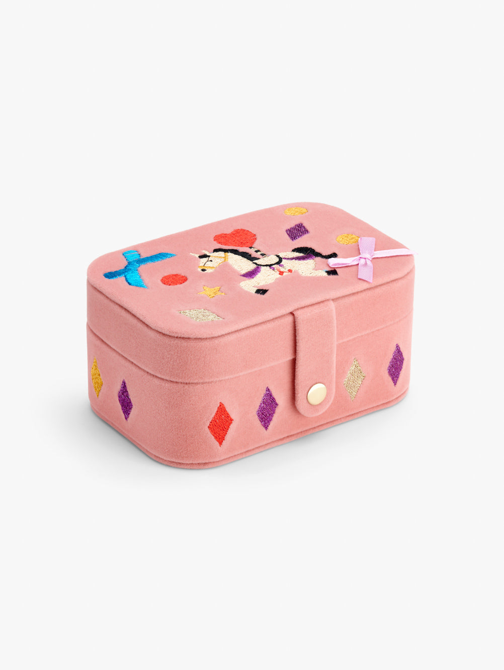 Stych Girls Pink Velour jewellery box with Unicorn, diamond , star embroidery and bow details with popper clasp 