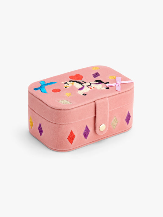 Stych Girls Pink Velour jewellery box with Unicorn, diamond , star embroidery and bow details with popper clasp 