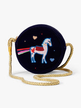 Load image into Gallery viewer, Stych Girl&#39;s Navy Velour Unicorn Embroidered Round Crossbody Gold Rope Strap Bag