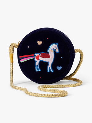 Stych Girl's Navy Velour Unicorn Embroidered Round Crossbody Gold Rope Strap Bag