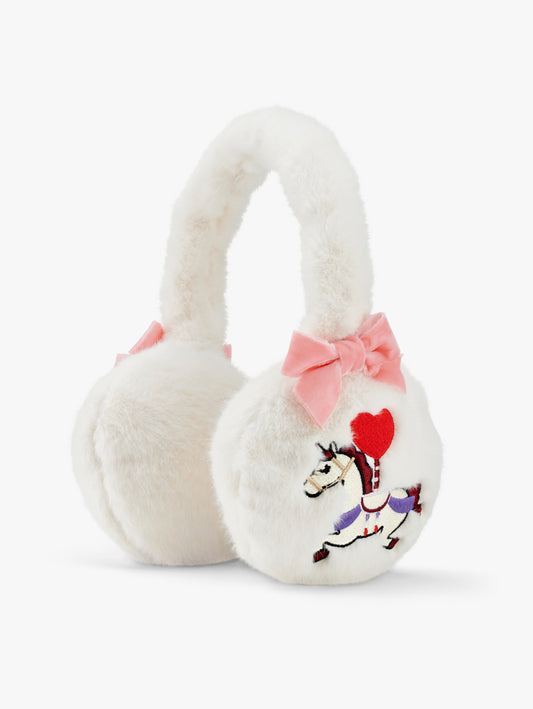 Stych Girls White Faux Fur Fluffy earmuffs with unicorn patch and pink velour bow detail. 