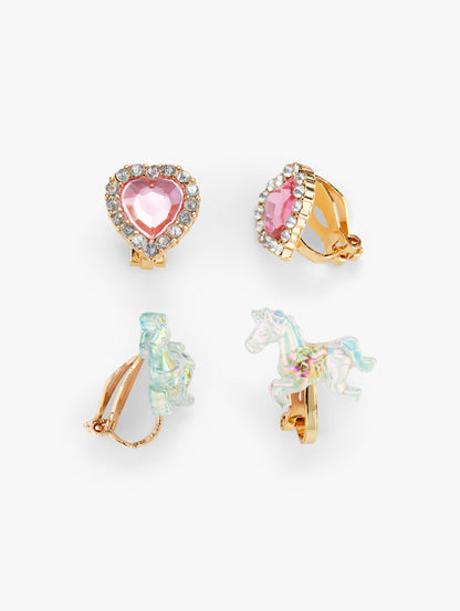 Clip-On Earrings 2 Pairs Unicorn & Heart