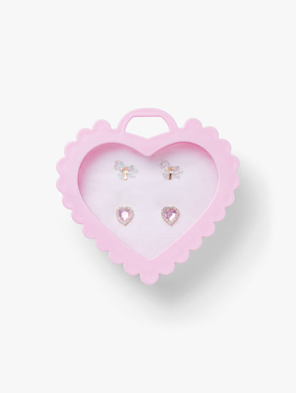 Stych Girls Clip on Earrings 2 pairs in sparkle gem heart and unicorn shapes presented in a keepsake pink scallop gift box 