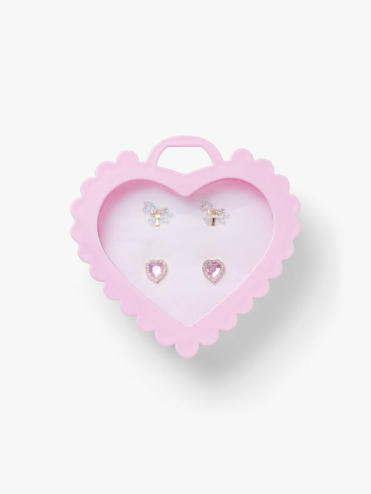 Stych Girls Clip on Earrings 2 pairs in sparkle gem heart and unicorn shapes presented in a keepsake pink scallop gift box 