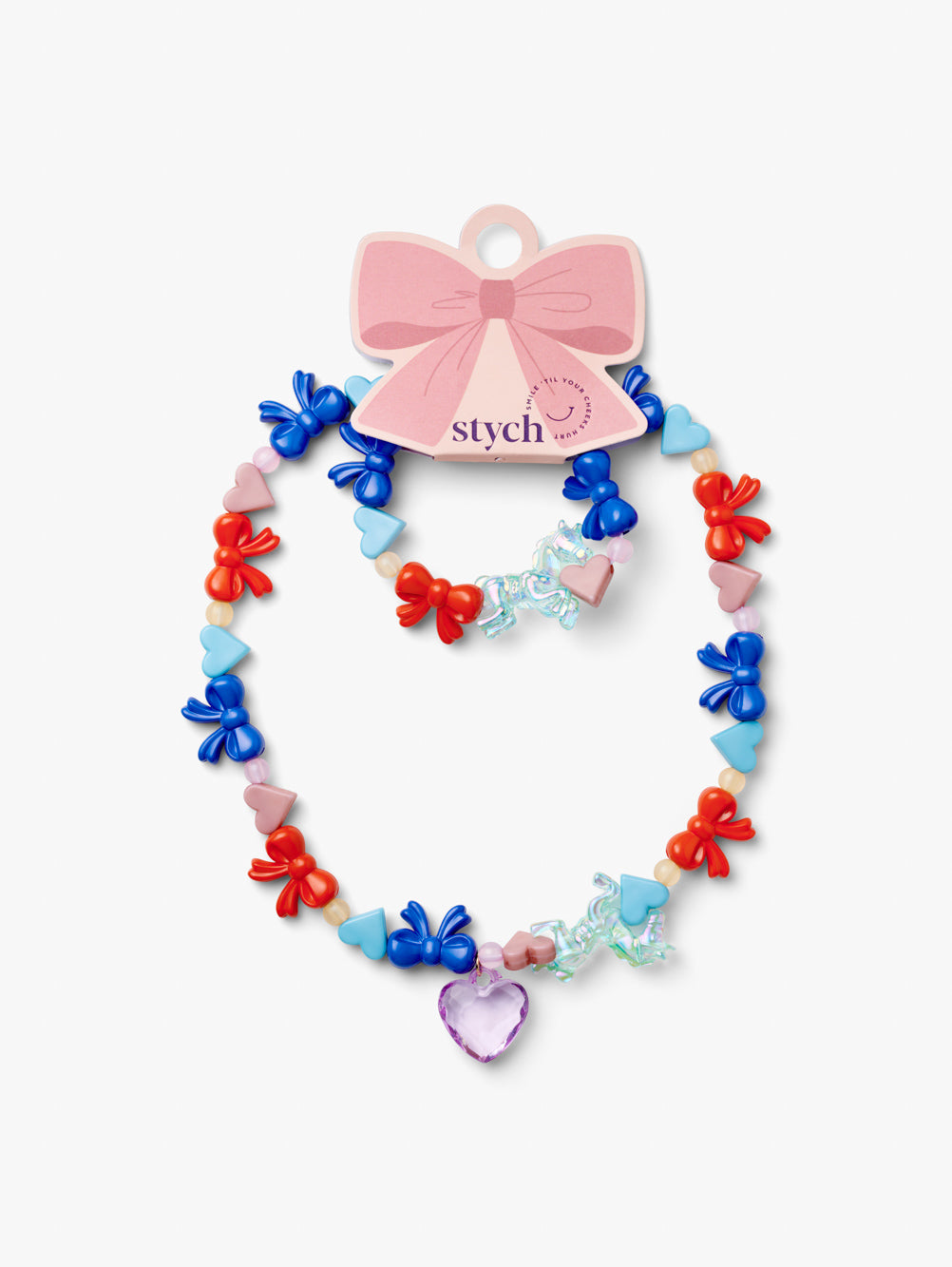 Colorful necklace with various charms on a white background, featuring the brand 'Stych'.
