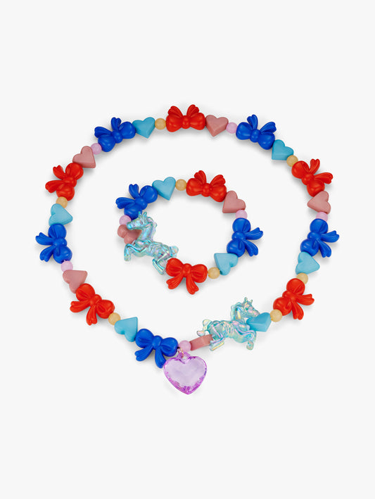 Stych Girl's Colourful matching necklace and bracelet set with unicorn, bows, hearts and bead shape on a white background