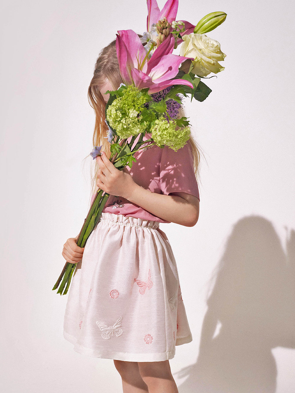 Butterfly Embroidered Taffeta Skirt Pink