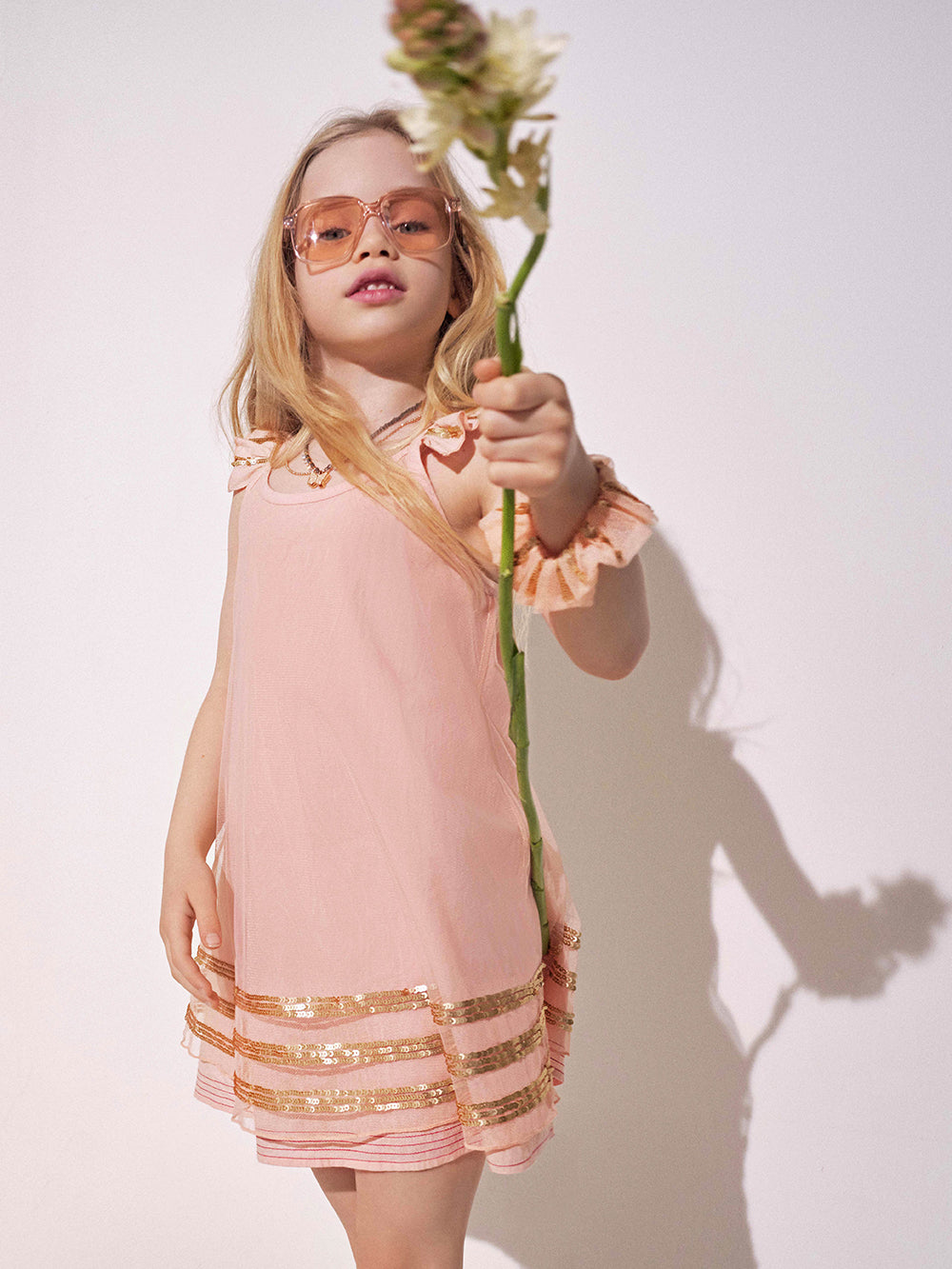 Girls Light Pink Short Sleeve Tulle & Gold Sequin Dress | Stych Stych Accessories Girls Light Pink Short Sleeve Tulle & Gold Sequin Dress | Stych Stych Accessories