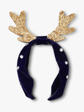 Load image into Gallery viewer, Stych Girl&#39;s Navy Blue Velour Wide Headband with Gems &amp; Large Gold Sparkle Antlers 