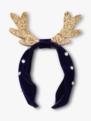 Stych Girl's Navy Blue Velour Wide Headband with Gems & Large Gold Sparkle Antlers 