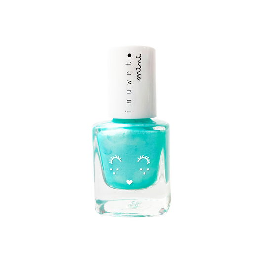 INUWET Brand Water-based Nail polish bottle with a turquoise glittery shade for kids