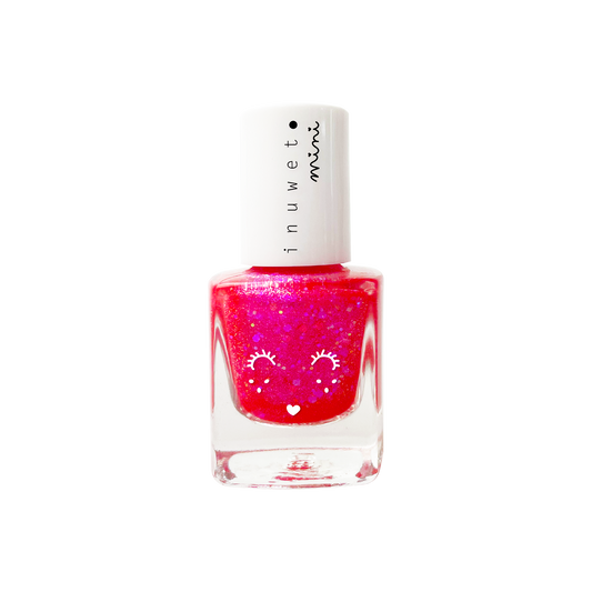 INUWET Brand Water-based Nail polish bottle with a fuschia glittery shade for kids