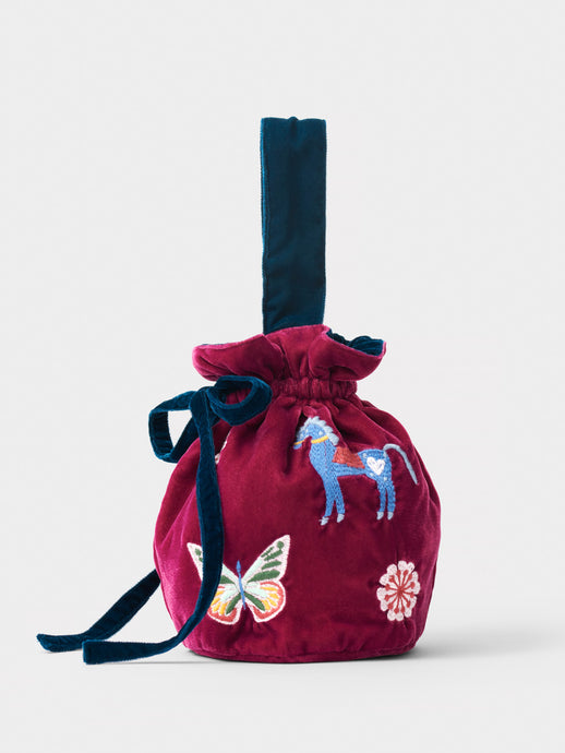 Stych Girl's Velvet Pink Bucket Bag With Embroidered Applique, Handle, Drawstring & Tie Closure. 