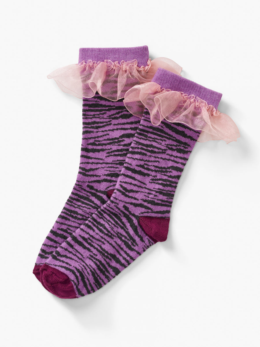 Stych Girl's Organic Cotton Ankle Purple Zebra Print Socks With Pink Ruffle Tulle Rim ; 2 sizes 