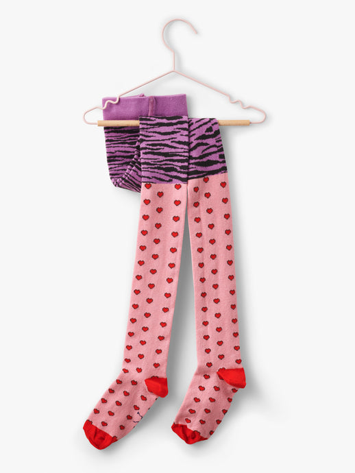 Stych Girl's Pink Heart & Zebra Mix Print Tights Organic Cotton Mix ; 3 sizes 