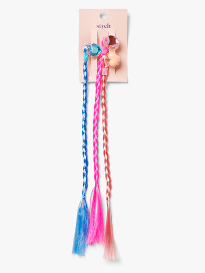 Stych Girls 3 Pack Faux Hair Plaits blue, pink and peack, with heart gem hair claw clips. 