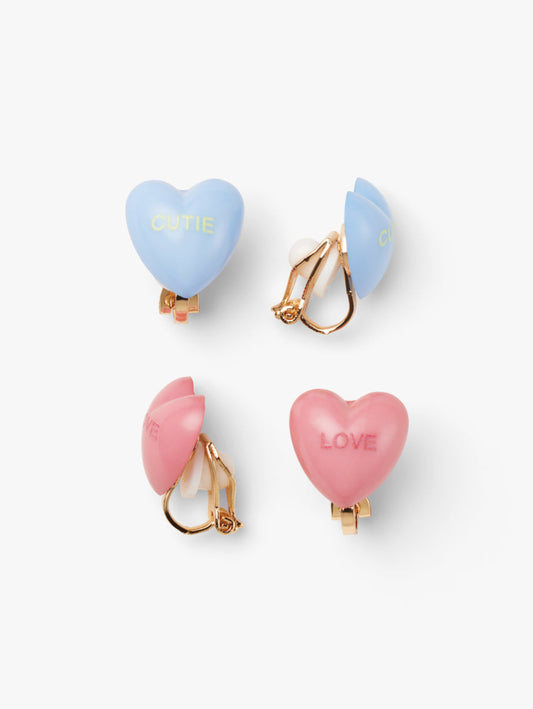 Stych Girls Clip-on earrings 2 pairs, pink and blue heart shapes with decorative LOVE and CUTIE text on each set. 