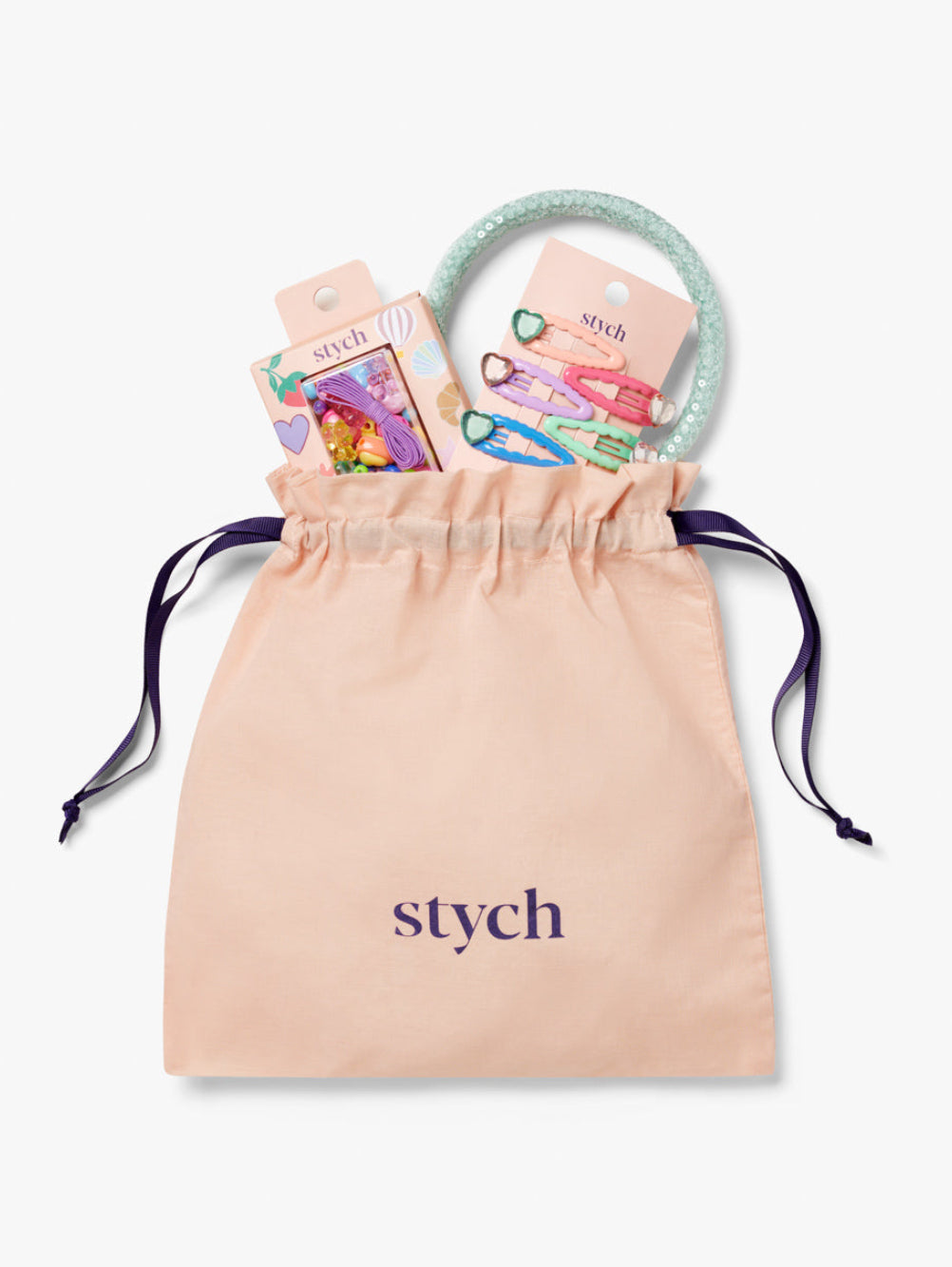 Stych Girls Gift in a drawstring bag that includes Make Your Own Jewellery Making Kit, 6 pack Rainbow Heart Gem Hair Clips, and Mint Colour Sequin Sparkle Headband 