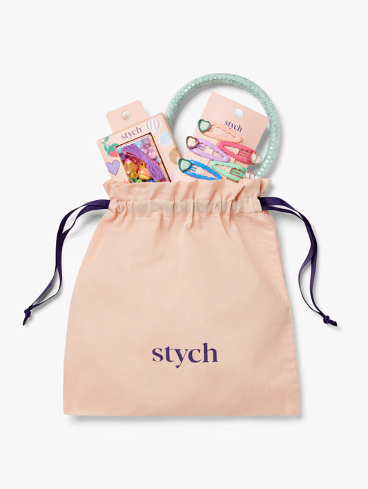 Stych Girls Gift in a drawstring bag that includes Make Your Own Jewellery Making Kit, 6 pack Rainbow Heart Gem Hair Clips, and Mint Colour Sequin Sparkle Headband 