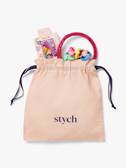 Stych Girls Gift in a drawstring bag that includes Make Your Own Jewellery Making Kit, 10 pack Rainbow colour Hair Bands and Pink Sequin Sparkle Headband. 
