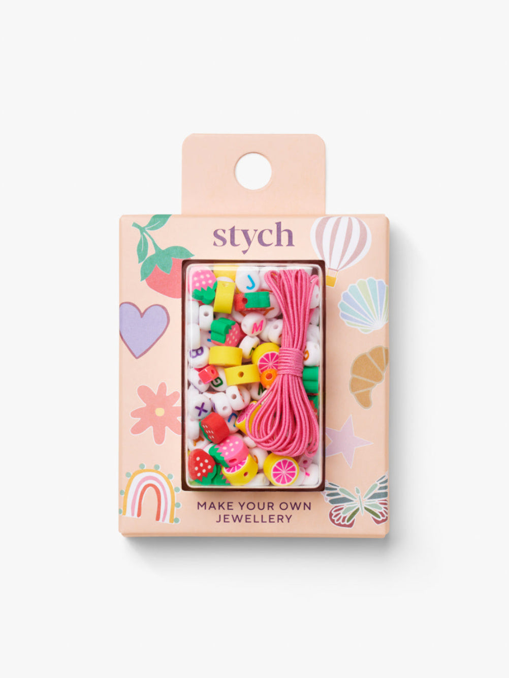 Stych Girls Make Your Own Beaded Jewellery Kit, with letter, colourful and fruit character beads, including pink string to make jewellery 