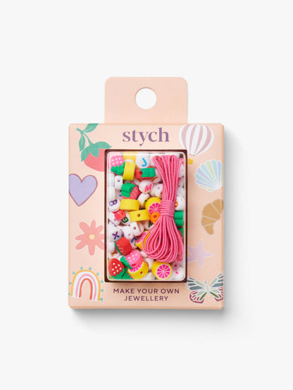 Stych Girls Make Your Own Beaded Jewellery Kit, with letter, colourful and fruit character beads, including pink string to make jewellery 