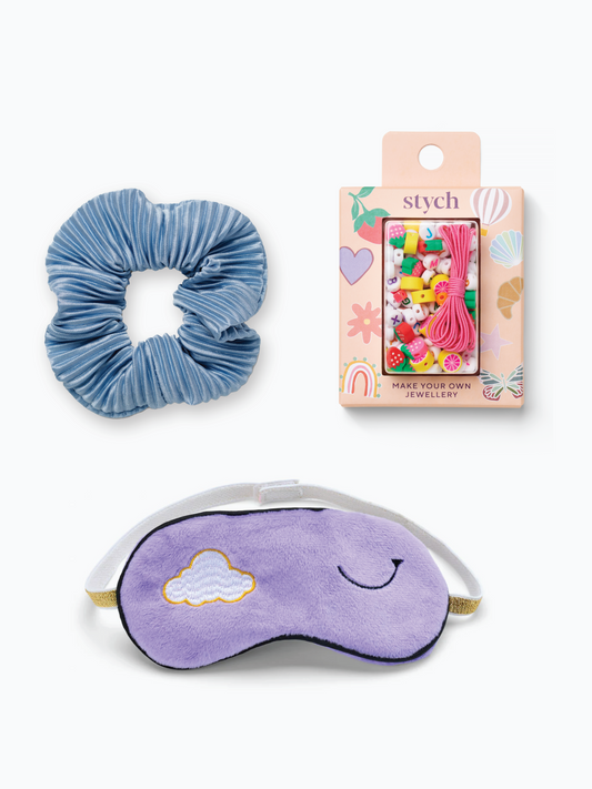 Stych Girls Lilac themed Sleepover Party Bag Gift, includes purple sleep eye mask with cloud design, Make Your Own Stych' jewellery kit, blue crinkle scrunchie 