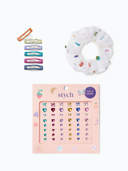 Stych Girls Sparkle Party Bag Gift Set including Face Gem Pack, 6 Pack Glitter Colourful Hair Clips, Rainbow Spotty White Tulle Scrunchie.