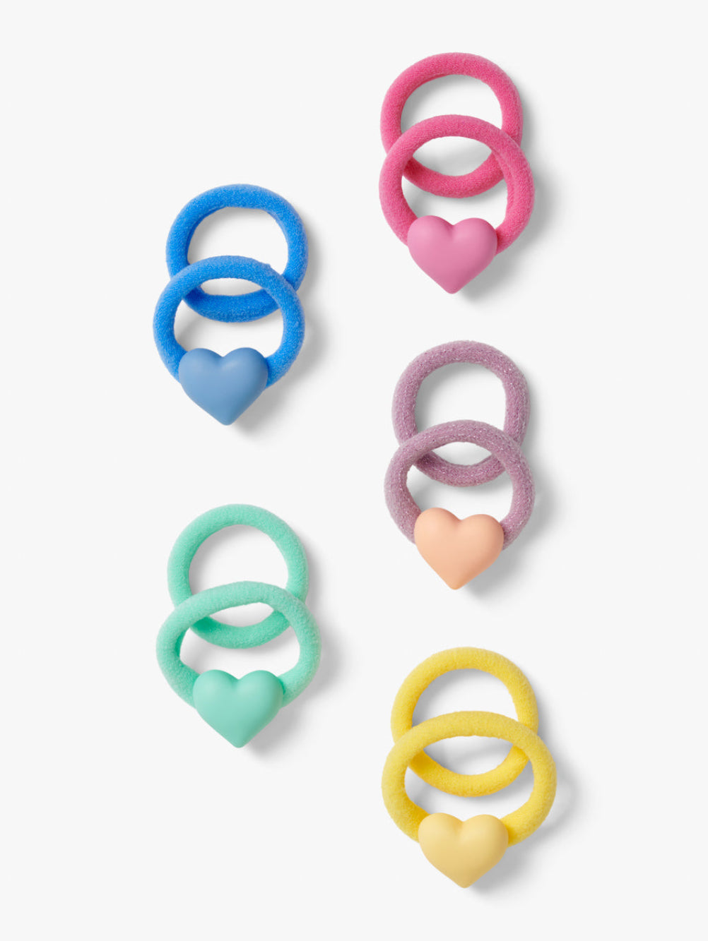 Stych Girls Pack of 10 Rainbow colour soft nylon hairbands, half with a heart shape adornment. 