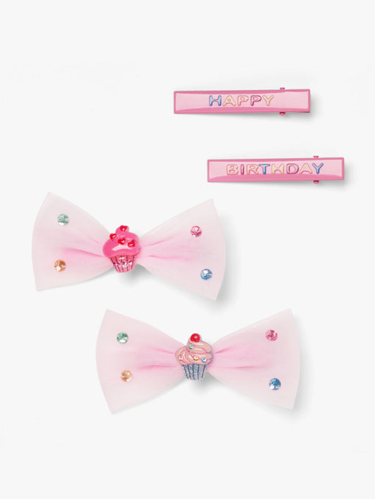 Stych Pack of 4 Pink Happy Birthday themed Hair Clips, with 2 clips saying Happy Birthday and 2 clips with tulle, gem and enamle cupcake detail. 